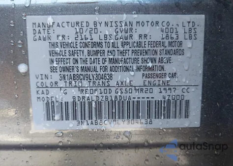 2020 Nissan Sentra Sv Xtronic Cvt z USA, uszkodzony, nr VIN 3N1AB8CV9LY304638